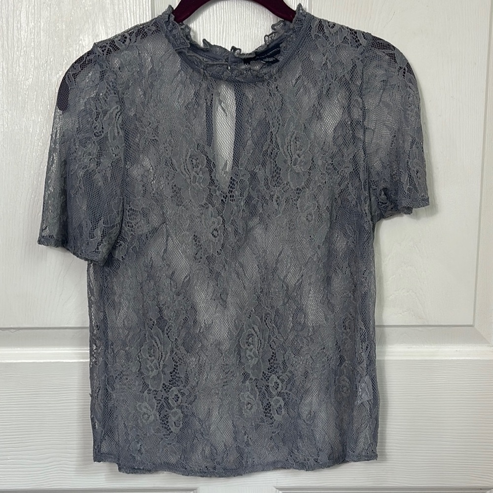 American Eagle gray sheer lace short sleeve top XS ruffle collar romantic goth
